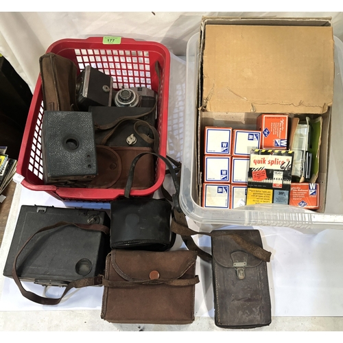 177 - A 19th century etching of Tom Oliver framed with pencil notes; a collection of box cameras etc; fram... 