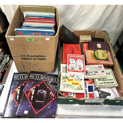 196 - A collection of 1980's and early British annuals including Beano, Dandy, Whizzer etc, vintage board ... 