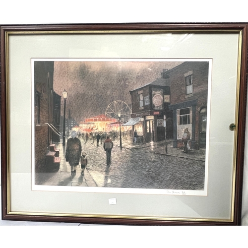 21 - Tom Brown: cobbled street with fairground and Entwistle's corner shop; a pair of artist signed limit... 