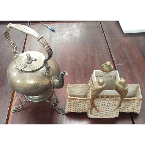 217 - A silver plate Art Nouveau tea kettle, a Royal Dux woven vase with bird motif and other miscellaneou... 