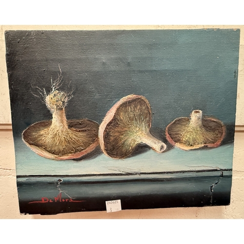 3 - De Mora, oil on canvas, Still Life of Mushrooms and a framed print of Sir Thomas picture of sisters ... 