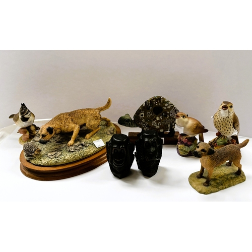 526 - Royal Worcester, Thrush, Crested Tit and Nightingale; Border Fine Arts group, Border Terrier with He... 