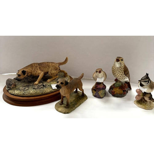 526 - Royal Worcester, Thrush, Crested Tit and Nightingale; Border Fine Arts group, Border Terrier with He... 