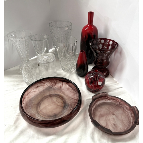 527 - An Art Deco mottled glass table centre, a collection of coloured and other glass vases; a Doulton Fl... 