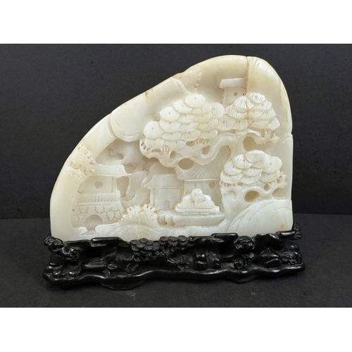 540H - A large Chinese white jade stone carved with traditional scene of tree with figure and house under, ... 