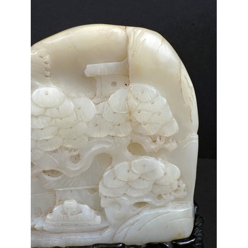 540H - A large Chinese white jade stone carved with traditional scene of tree with figure and house under, ... 
