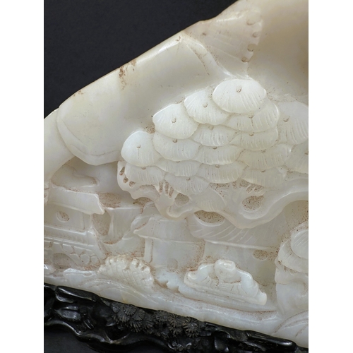 540H - A large Chinese white jade stone carved with traditional scene of tree with figure and house under, ... 
