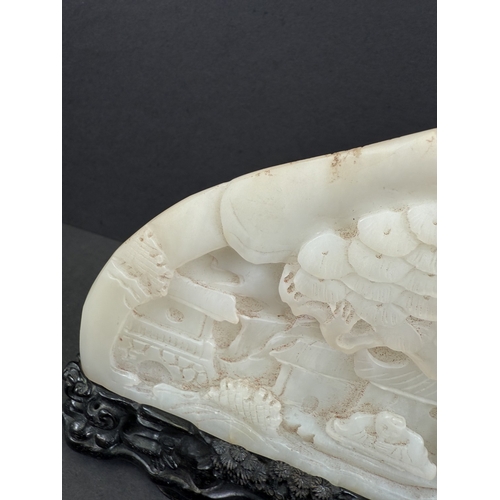 540H - A large Chinese white jade stone carved with traditional scene of tree with figure and house under, ... 