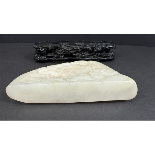 540H - A large Chinese white jade stone carved with traditional scene of tree with figure and house under, ... 