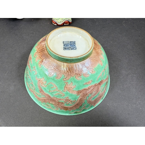 540C - A selection of Chinese ceramics including 2 rice bowls, a shallow dish, a small turquoise cockerel a... 