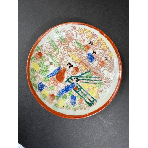 540C - A selection of Chinese ceramics including 2 rice bowls, a shallow dish, a small turquoise cockerel a... 