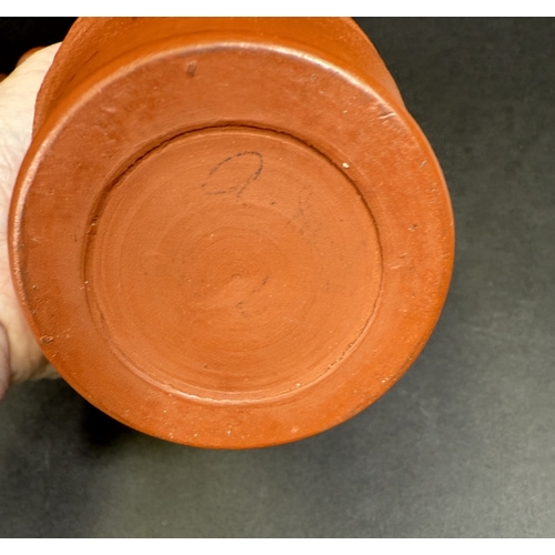 540E - Three Chinese traditional Yixing terracotta teapots; a similar Yixing terracotta baluster vase with ... 