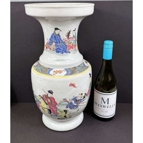 540F - A large Chinese famille rose shaped baluster vase with wide flared rim, hand painted with red robed ... 
