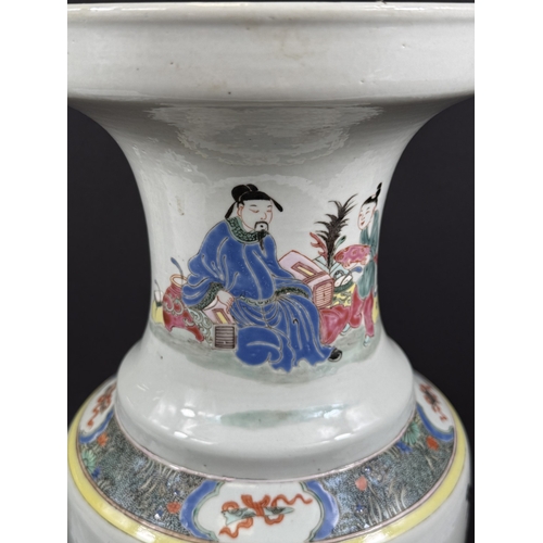 540F - A large Chinese famille rose shaped baluster vase with wide flared rim, hand painted with red robed ... 