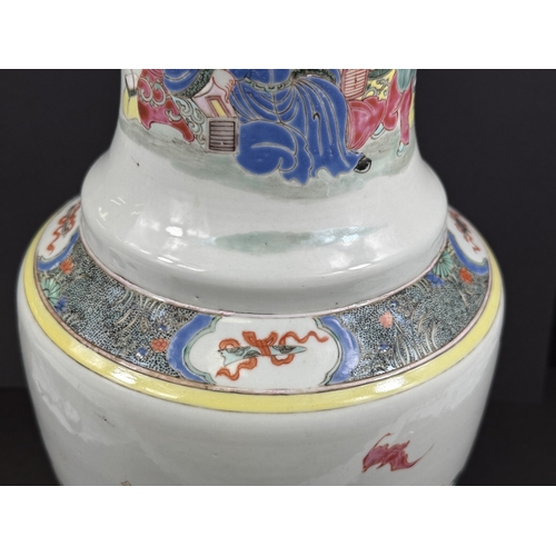 540F - A large Chinese famille rose shaped baluster vase with wide flared rim, hand painted with red robed ... 