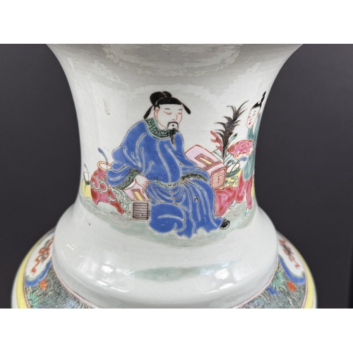 540F - A large Chinese famille rose shaped baluster vase with wide flared rim, hand painted with red robed ... 