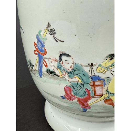 540F - A large Chinese famille rose shaped baluster vase with wide flared rim, hand painted with red robed ... 