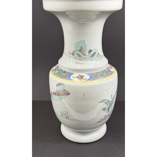 540F - A large Chinese famille rose shaped baluster vase with wide flared rim, hand painted with red robed ... 