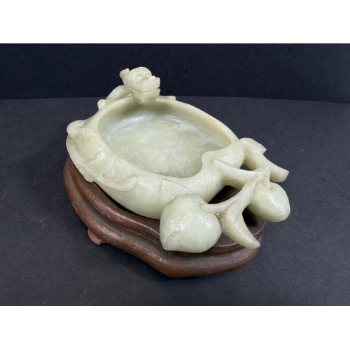 540J - A Chinese carved jade lotus flower brush wash pot with animal and fruiting branch detail, w. 12cm, 1... 