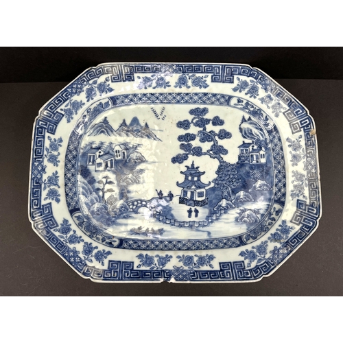 546 - A 19th century Chinese Nanking porcelain blue and white serving dish, 37cm (chips to right hand side... 