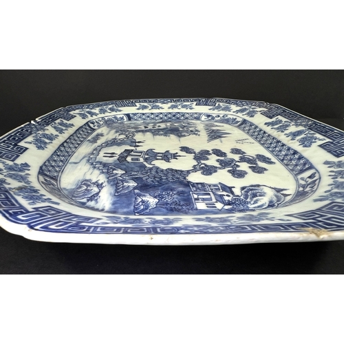 546 - A 19th century Chinese Nanking porcelain blue and white serving dish, 37cm (chips to right hand side... 