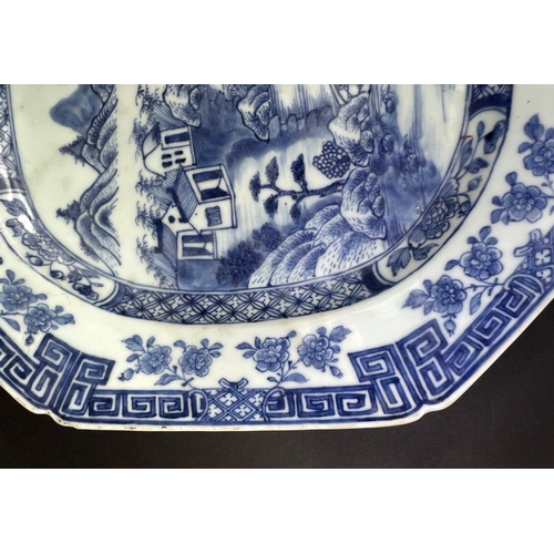 546 - A 19th century Chinese Nanking porcelain blue and white serving dish, 37cm (chips to right hand side... 