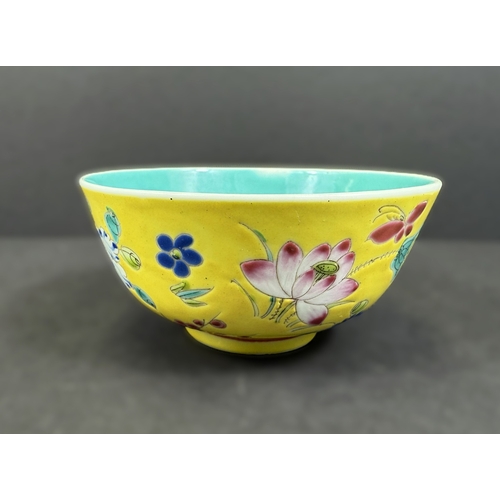 552 - A Chinese porcelain bowl, 19th century, naturalistic decoration on yellow ground, 11cm diameter