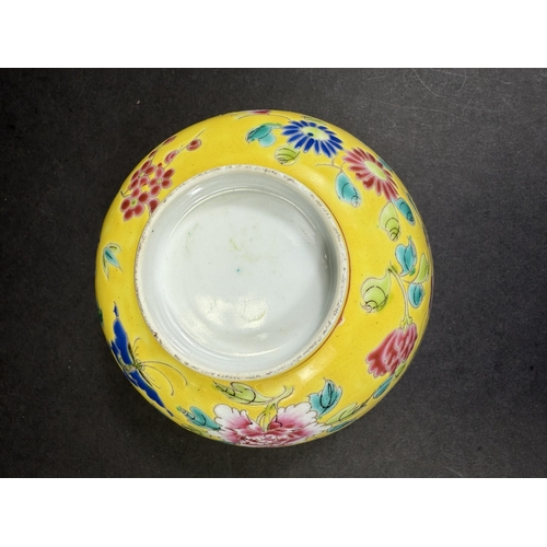 552 - A Chinese porcelain bowl, 19th century, naturalistic decoration on yellow ground, 11cm diameter