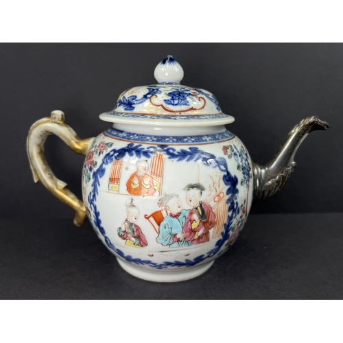 559 - A Chinese Qianlong porcelain teapot, enamelled genre scene decoration, gilded handle, Georgian perio... 