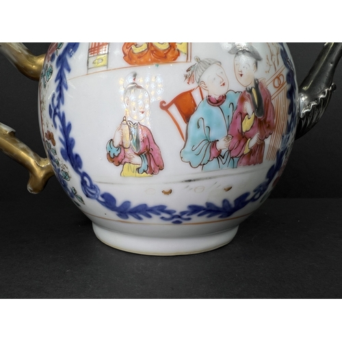 559 - A Chinese Qianlong porcelain teapot, enamelled genre scene decoration, gilded handle, Georgian perio... 
