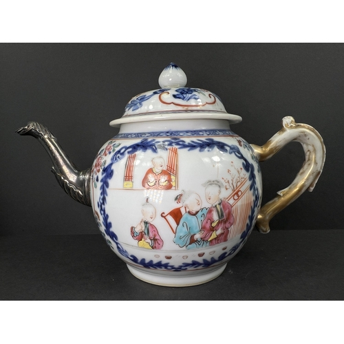 559 - A Chinese Qianlong porcelain teapot, enamelled genre scene decoration, gilded handle, Georgian perio... 