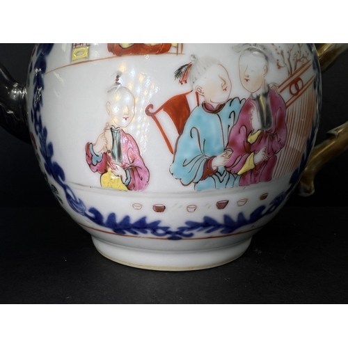 559 - A Chinese Qianlong porcelain teapot, enamelled genre scene decoration, gilded handle, Georgian perio... 
