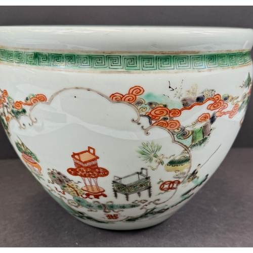 560A - A Chinese famille vert jardiniere with painted decoration of men fishing, trees, landscapes etc. dia... 