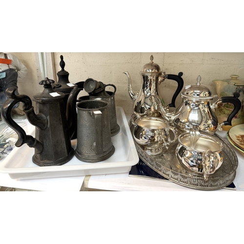 609 - A Mappin & Webb Georgian style 4 piece EPNS tea set and similar tray and pewter.
