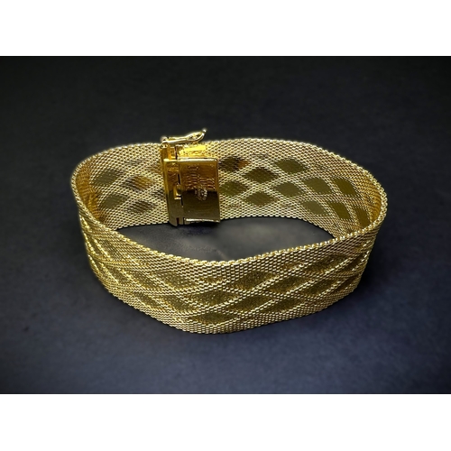 623A - Christian Dior Grosse 1967 woven gold turned mesh cuff bracelet with raised diamond design, maker's ... 