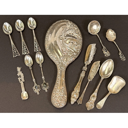 625 - Sterling silver hallmarked hand held mirror, Sheffield 1902 with other silver and white metal items.
