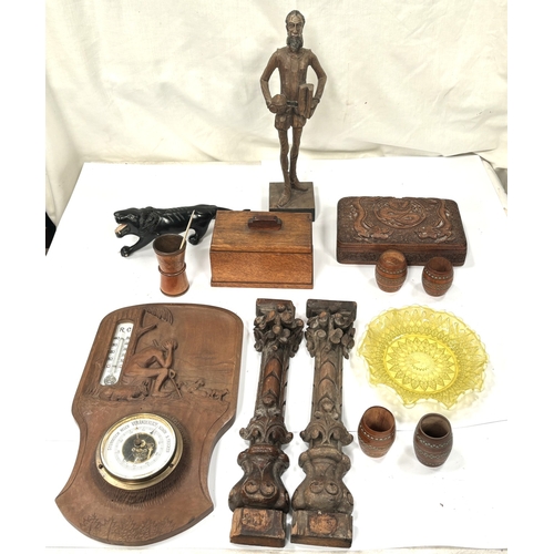62A - A Chinese carved wooden box, an Arts and Crafts barometer and a selection of carved treen items