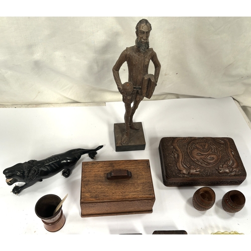 62A - A Chinese carved wooden box, an Arts and Crafts barometer and a selection of carved treen items
