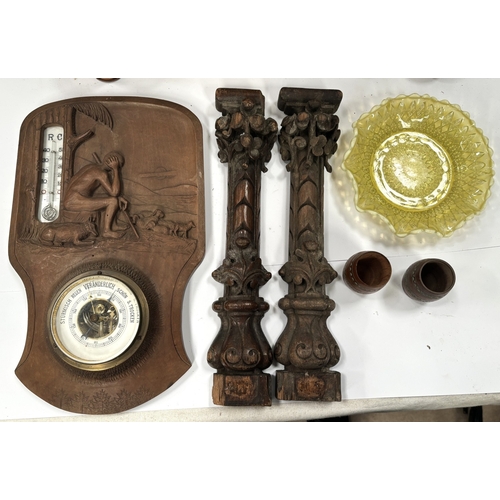 62A - A Chinese carved wooden box, an Arts and Crafts barometer and a selection of carved treen items