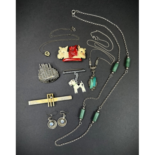 640 - An Art Deco Jadite white metal pendant necklace, a similar Marcasite brooch etc
