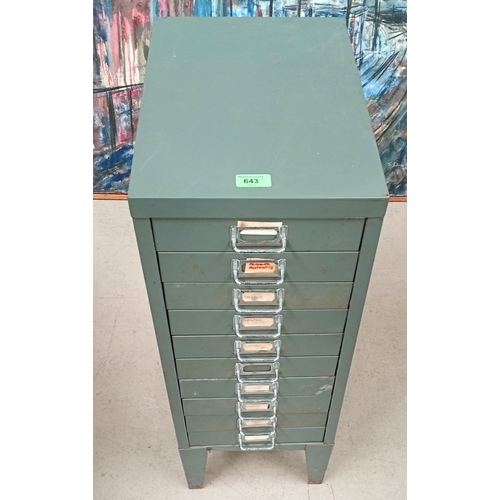 643 - A 10 drawer watchmakers cabinet with watches and parts to each drawer, 40+ silver and white metal ca... 