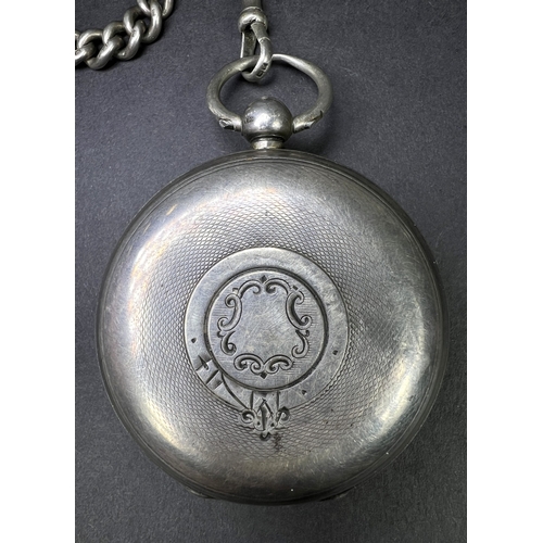 645 - A Heavy hall marked silver cased verge movement open face pocket watch with part Albert chain