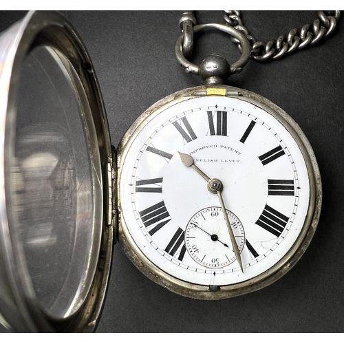 645 - A Heavy hall marked silver cased verge movement open face pocket watch with part Albert chain
