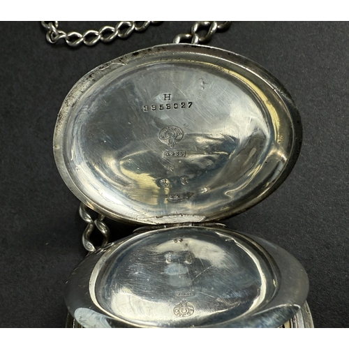 651 - Two silver cased keyless open faced gents pocket watches, one with chain.