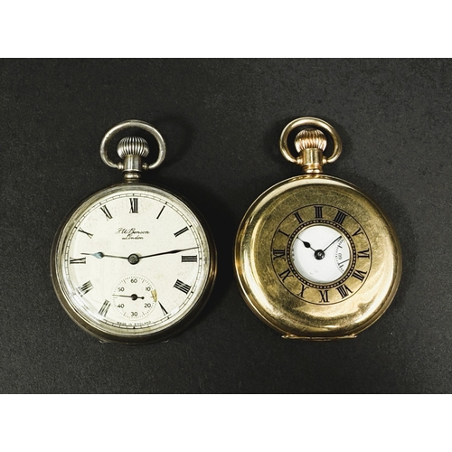 652 - A gold plated keyless Waltham half hunter pocket watch; a keyless open faced pocket watch by J. W. B... 