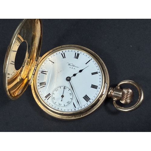 652 - A gold plated keyless Waltham half hunter pocket watch; a keyless open faced pocket watch by J. W. B... 