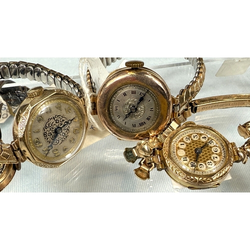 653 - 4.9ct hallmarked gold ladies wristwatch and 2 gold plated ladies wristwatches.