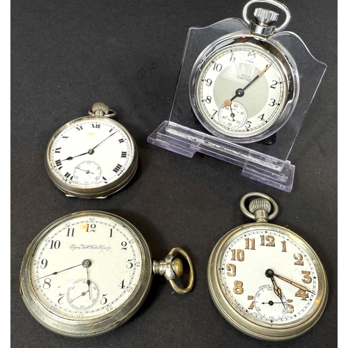 654 - A keyless open faced gents pocket watch and 3 base metal pocket watches.