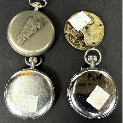 655 - Three open faced keyless gents pocket watches and a pocket watch movement.