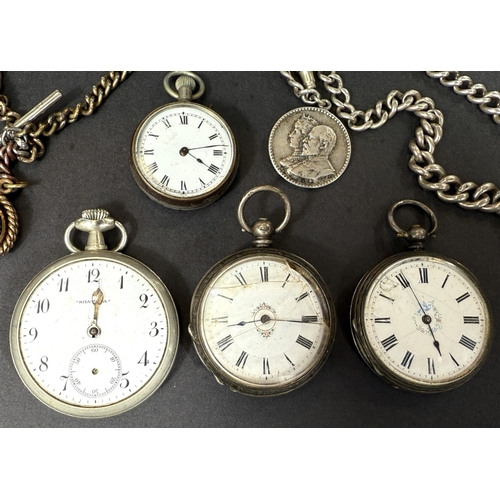658 - Four open faced key wound pocket/fob watches; 2 watch chains with medallions.